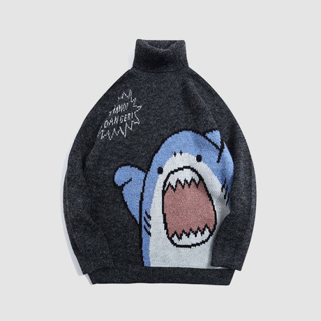 かわいいサメ柄タートルネックニットセーター
