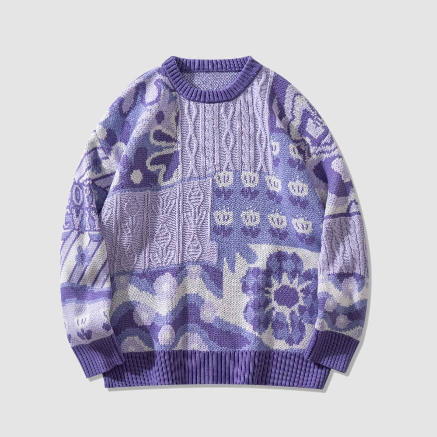 Vintage Floral Pattern Stitching Knit Sweater