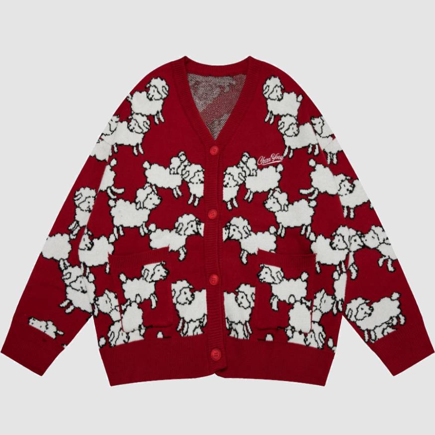 Cute Sheep Pattern V Neck Cardigan Sweater