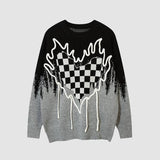 Flame Checkerboard Heart Pattern Sweater