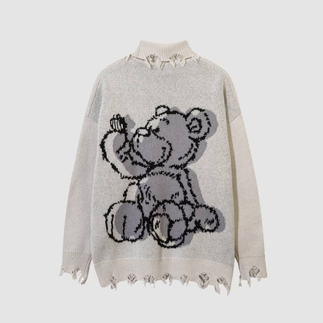 Bear Pattern Raw Hem Turtleneck Sweater