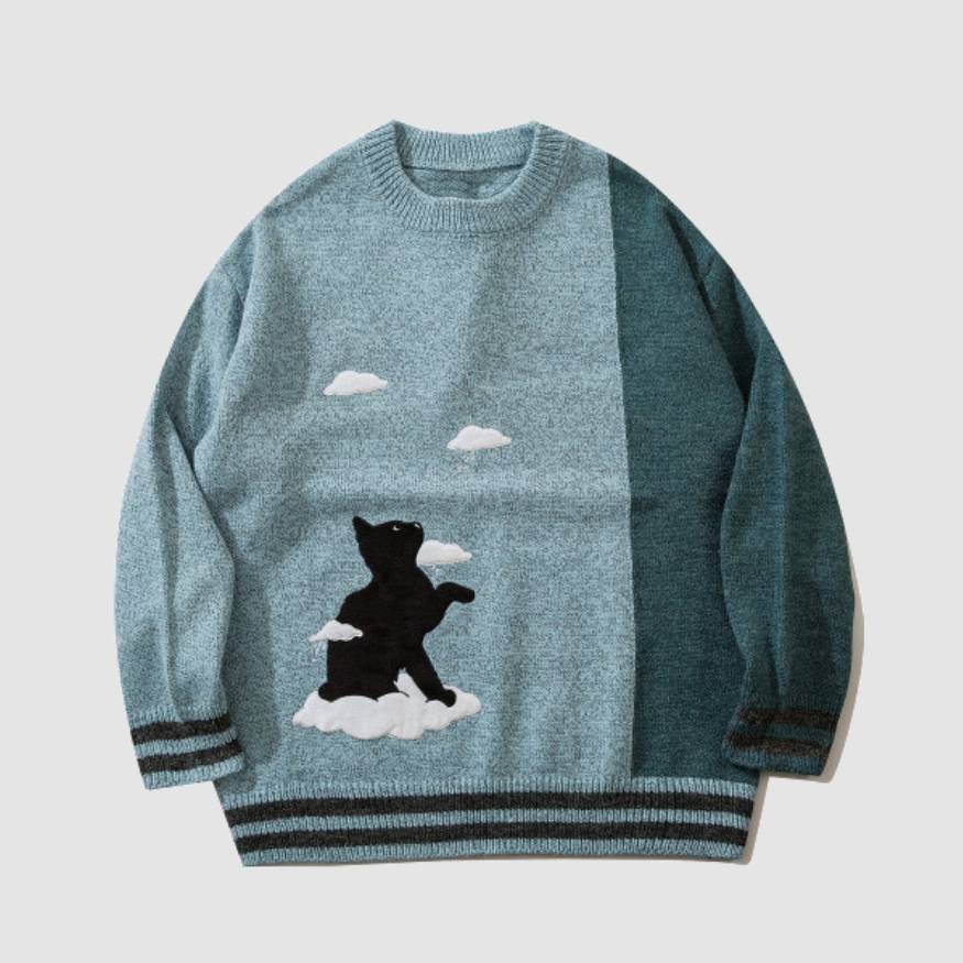 Pullover mit Katzen- und Wolkenmuster