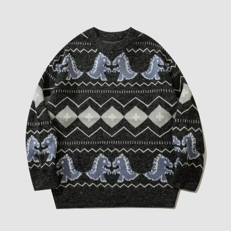 Dinosaur & Wave Pattern Knit Sweater