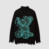 Bear Pattern Raw Hem Turtleneck Sweater
