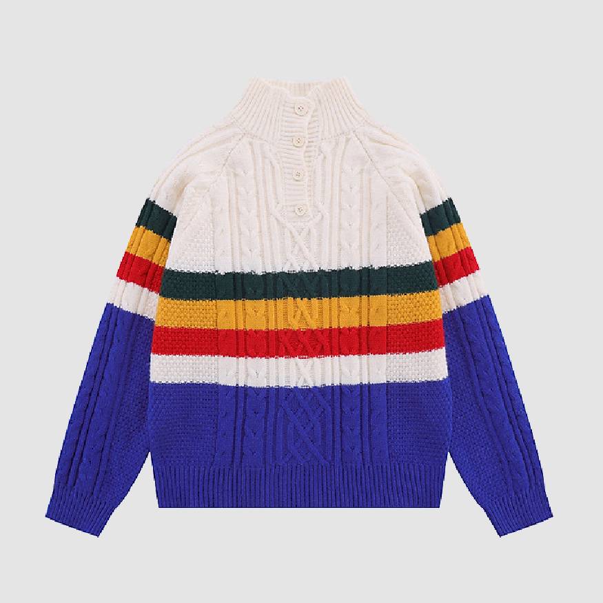 Color Striped Half Button Closure Sweater