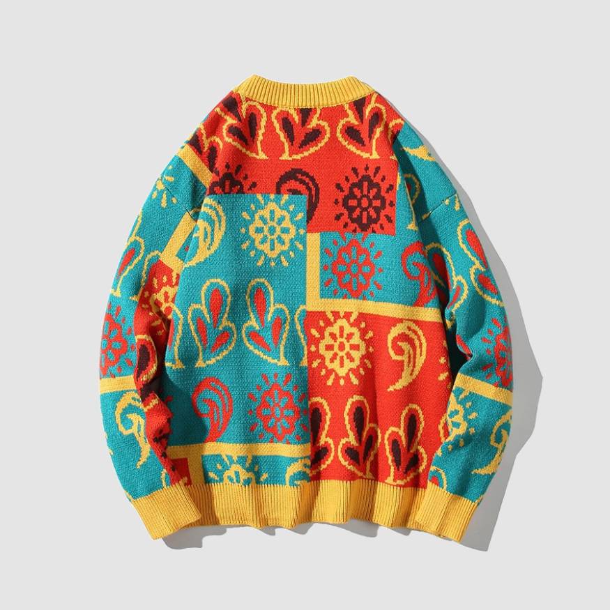Color Block Floral Print Knit Sweater
