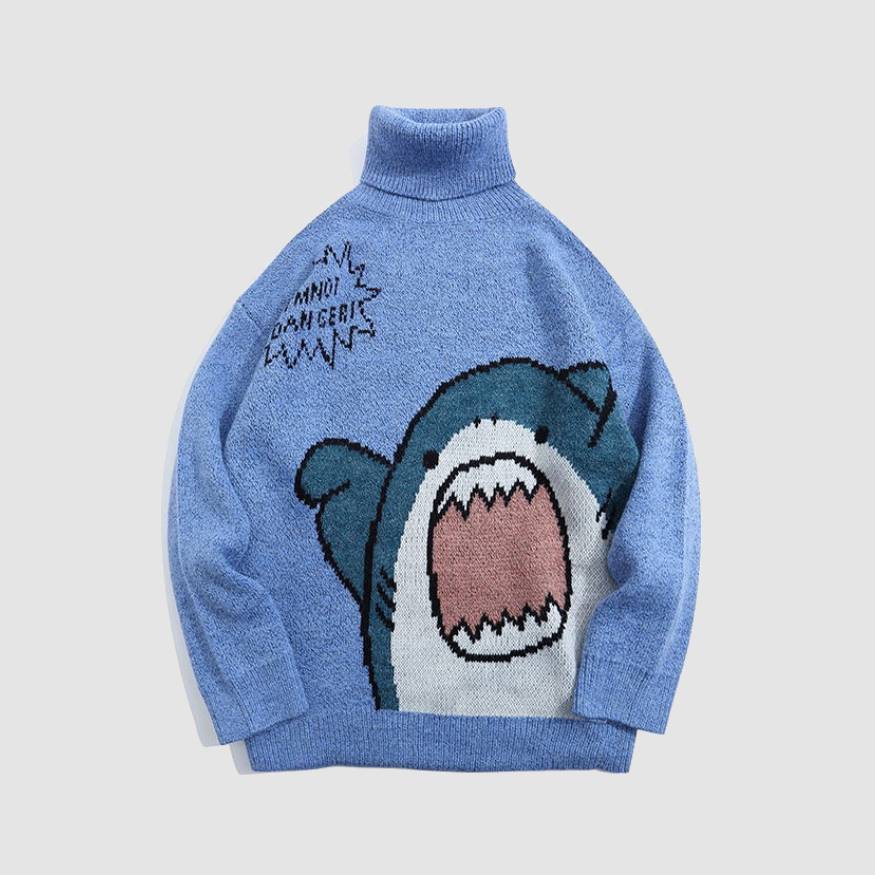 かわいいサメ柄タートルネックセーター