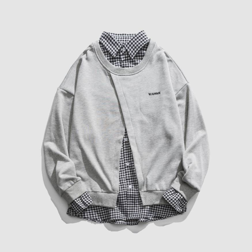 Fake Two Check Pattern Collared Sweatshirt